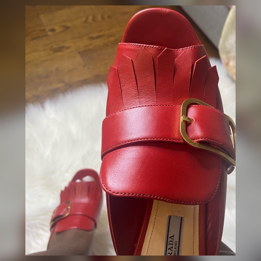 Prada Red Leather Fringe Mule with Gold Buckle Accent